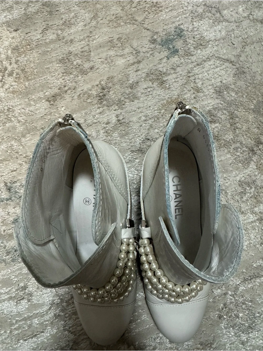 Chanel White Calfskin Pearl Chain CC Short Boots Size 39 or US 8.5